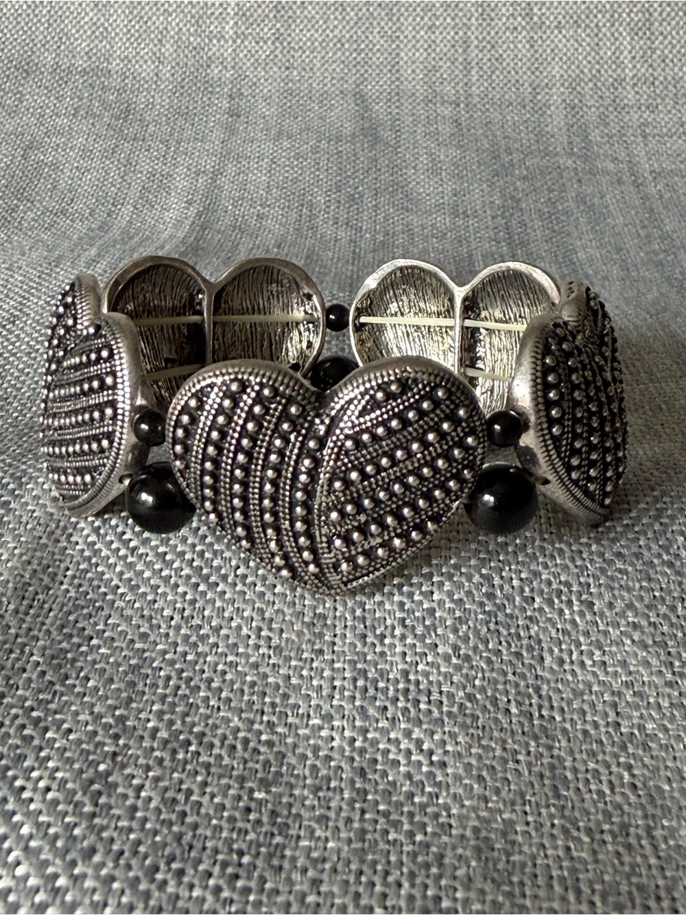Antiqued Silver-Tone Dotted Heart Statement Bracelet